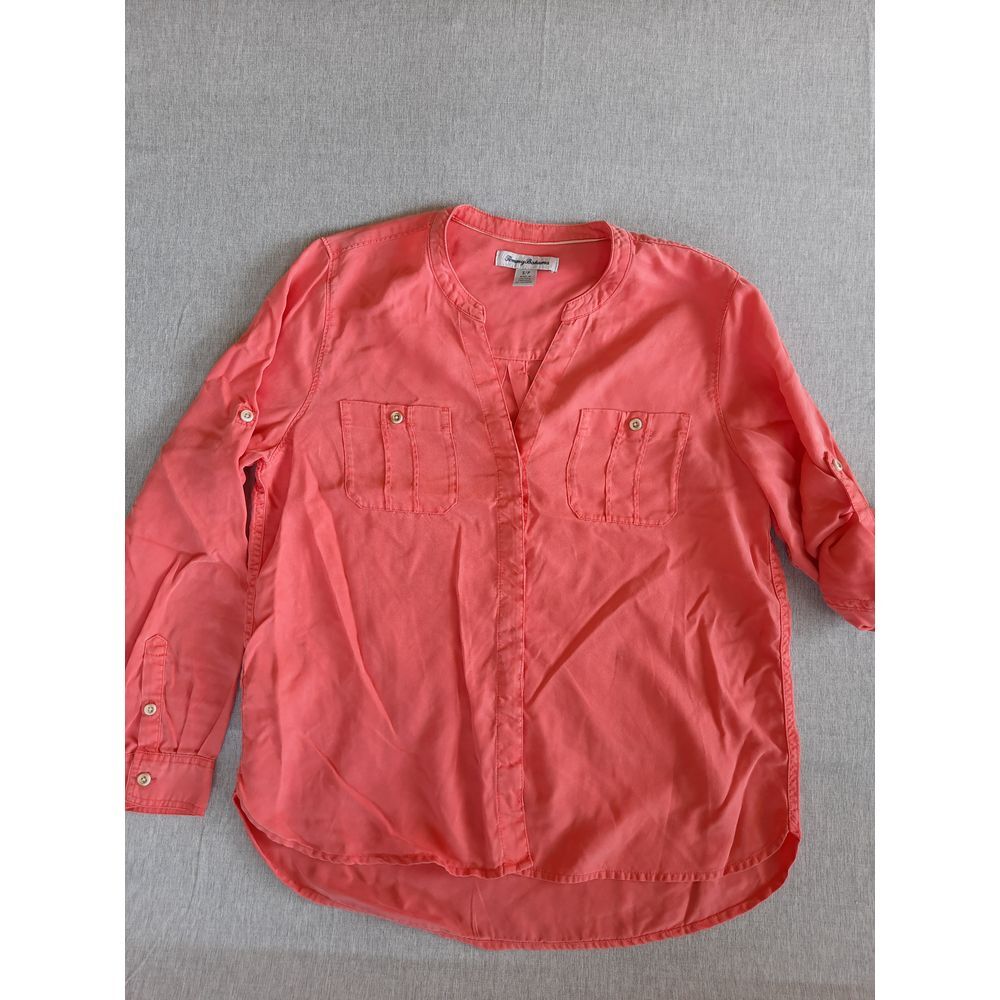 Tommy‎ Bahama Women Small Peach Utility Blouse Chambray Camp Pure Tencel